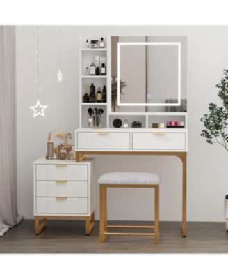 Vanity Desk Mirror and Lights Fluted Vanity Desk for Bedrooms, Apartments, Easy to Assemble