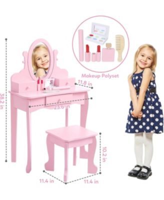 Kids Vanity Set with Mirror and Stool, Girls Wooden Makeup Playset