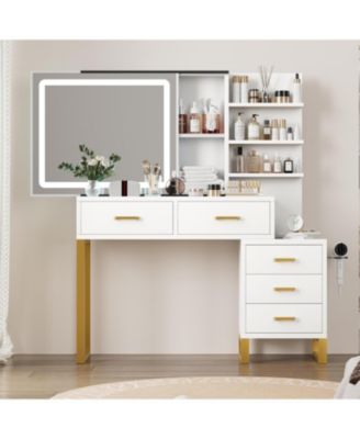 46.8IN Vanity Desk Mirror - LED Lights and Power Outlet - Makeup Vanity Table for Bedrooms, Apartments