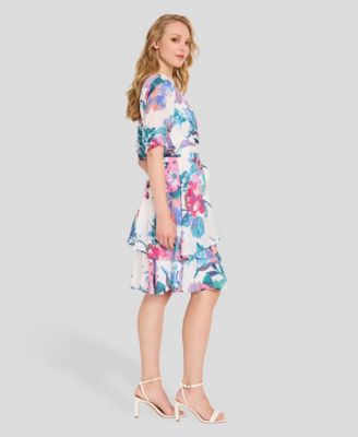 Women's Faux Wrap Printed Ruffle Hem V-Neck Dress