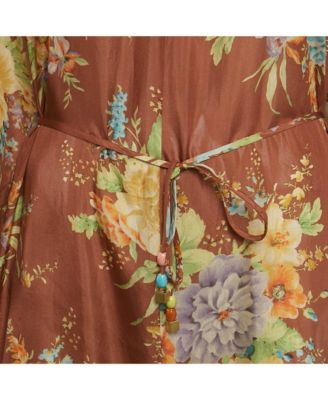 Womens Brown Floral Print Silk Belted Zinnia Dress