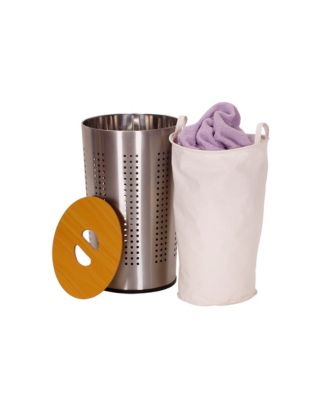 Round Metal Hamper with Engineered Wooden Lid, Stainless Steel