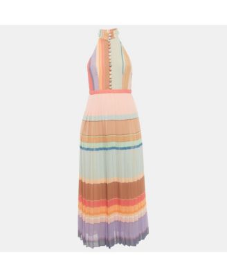Women's Multicolour Striped Picnic Pleated Midi Dress