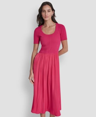 Women's Short-Sleeve Mixed Media Midi Sweater Dress