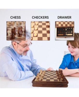 15" Large Wooden 2-in-1 Chess and Checkers Board Game Combo Set with Drawer, Chess Checker Game Set