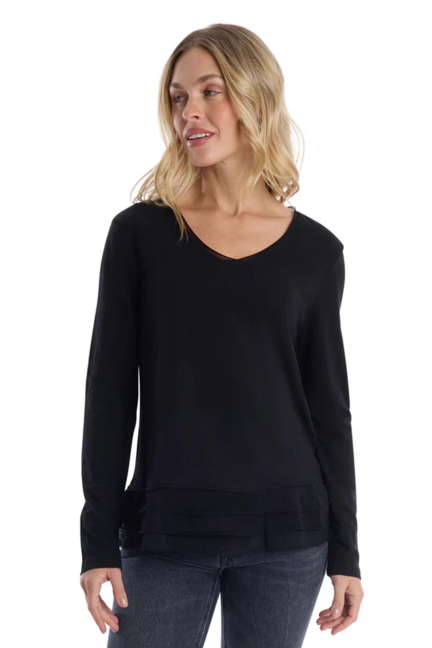 Женская футболка WILT Clothing V-Neck Mixed Media Long Sleeve, цвет: Чёрный — фото 2