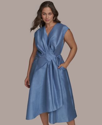 Plus Size Shantung Fit And Flare V-Neck Wrap Dress