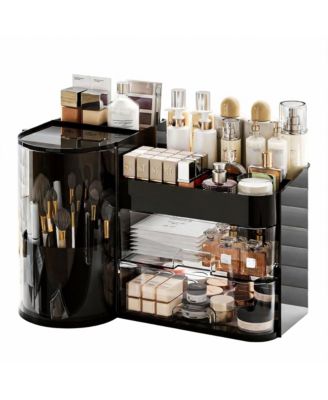 Elegant Makeup Organizer with Rotating Brush Holder & Drawers for Vanity Storage