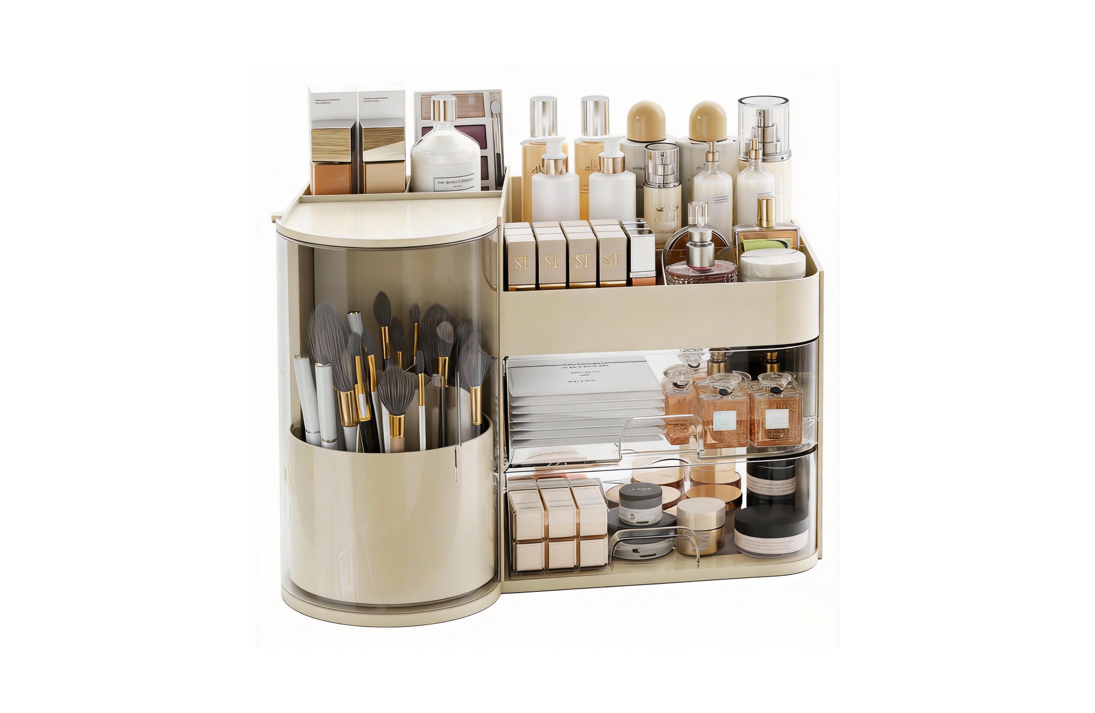 Yigii Elegant Makeup Organizer with Rotating Brush Holder & Drawers for Vanity Storage