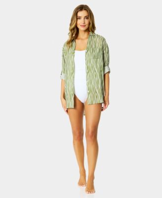 Women's Button-Down Boyfriend Cover-Up Tunic Swim Shirt