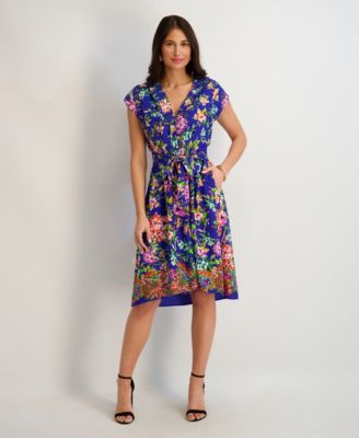 Women's Printed V-Neck Smocked-Back A-Line Dress