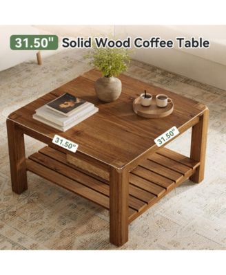 31.5" Solid Wood Coffee Table, 2-Tier Square Center Table with Rounded Corners, Modern Rustic Coffee Furniture