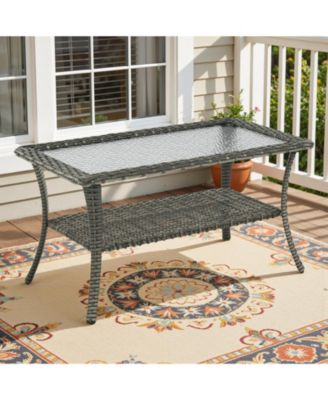 ArcLine Rectangle Wicker Outdoor Coffee Table with Tempered Glass Top and Storage Space