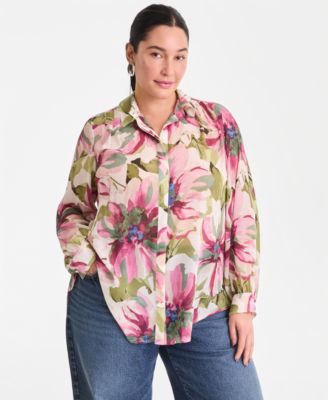 Plus Size Printed Long-Sleeve Blouse