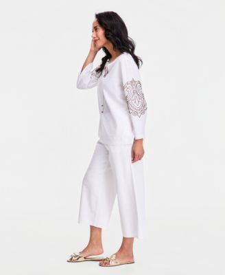 Women's Beaded Split-Neck Top & Cropped Drawstring Wide-Leg Pants, Macy's Exclusive, 