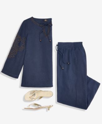 Women's Beaded Split-Neck Top & Cropped Drawstring Wide-Leg Pants