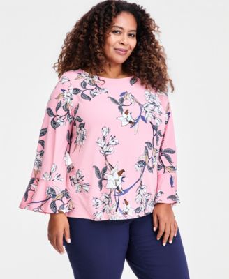 Plus Size Winding Leaves Flare Sleeve Boat Neck Top