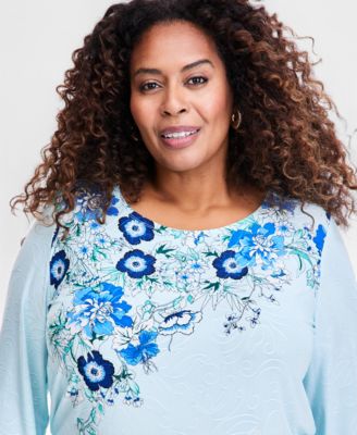 Plus Size Printed Jacquard 3/4-Sleeve Top