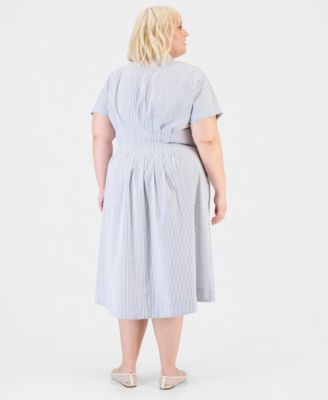 Trendy Plus Size Pinstriped Pleated-Waist Midi Shirtdress