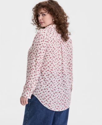 Trendy Plus Size Cherry Print Silky Shirt