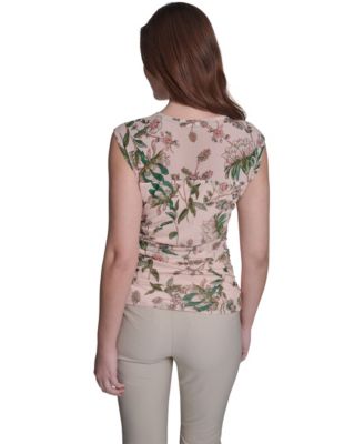 Women's Ruched Side Seam Crew Neck Floral Top