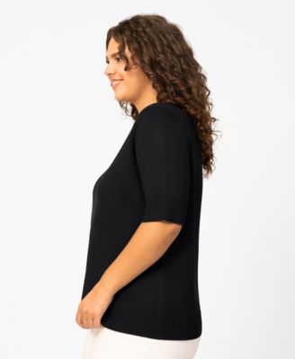 Plus Size Whip Stitch Elbow-Sleeve Knit Sweater
