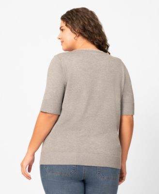 Plus Size Whip Stitch Elbow-Sleeve Knit Sweater