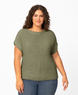 Plus Size Button Back Tape Yarn Short-Sleeve Knit Sweater
