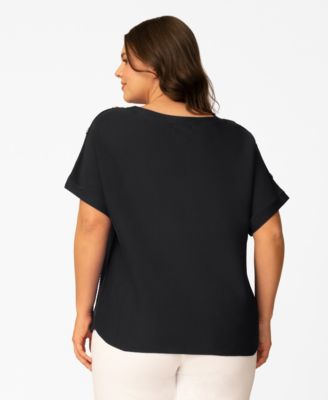 Plus Size Vertical Rib Button Short-Sleeve Sweater