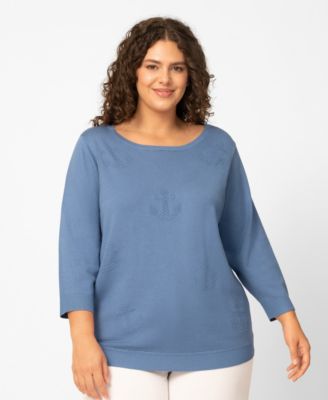 Plus Size Anchor Textured Hi Low Boat Neck Sweater