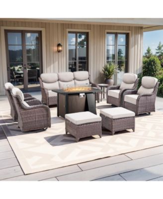 Crescent Brown Wicker Fire Pit Conversation Set with Olefin 6 In. Thick Cushions Patio Swivel Chairs (9-Piece)