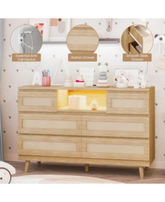 Rattan 6 Drawer Dresser for Bedroom, Modern Farmhouse Wood Closet Dresser, Compact Chest of Drawers
