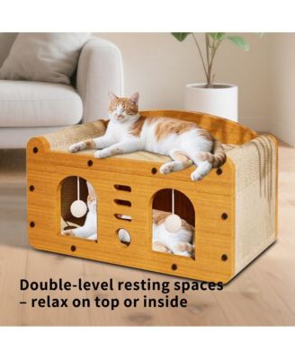 Elevated Wooden Cat Bed & Condo with Scratching Pad & Interactive Toys