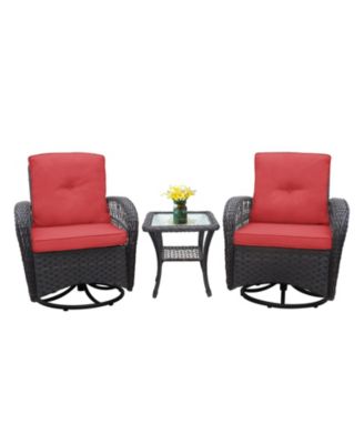 3 Piece Outdoor Wicker Rocker Swivel Patio Bistro Conversation Set with Glass Top Side Table Red