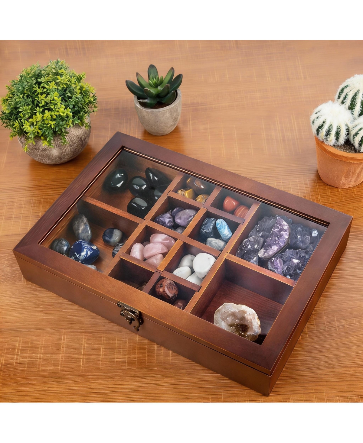 Yigii Adjustable Pine Wood Display Box for Collectibles with 12 Sections