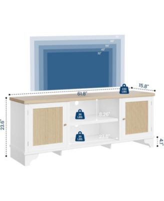 Rattan TV Stand for 65 in TV, Boho Entertainment Center with Cabinets & Open Shelves