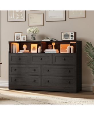 “7-Drawer Bedroom Dresser with LED Lights, Wooden Chest of Drawers with Charging Station and 2 Open Storage Compartments