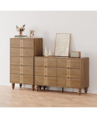 and Tall Wooden 5 Drawer Dresser with Vintage Pattern Design, Modern