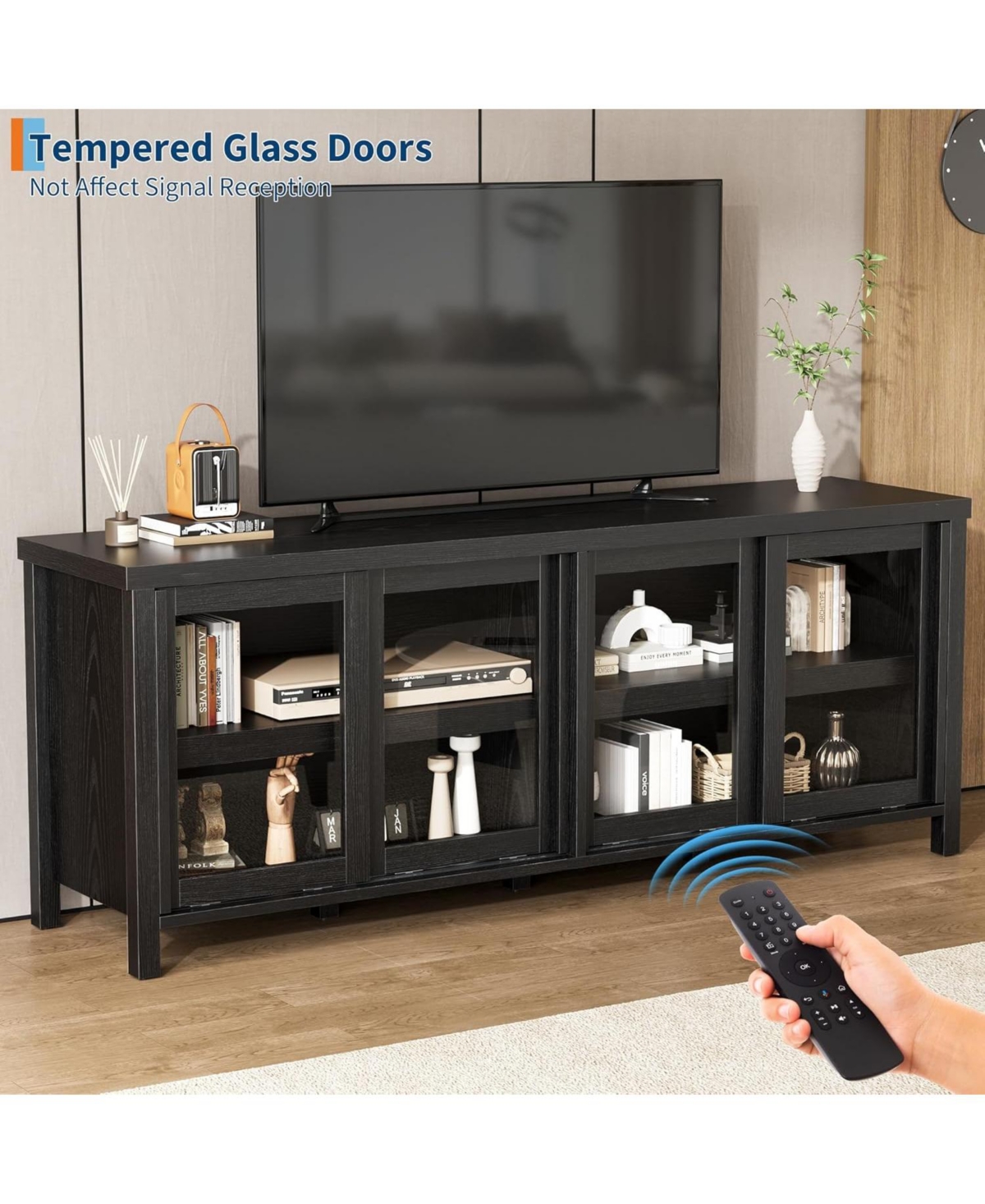 Gaomon 65 inch Tv Stand for 70" TVs, Entertainment Center with Storage Cabinet and 4 Sliding Glass Doors, Brown