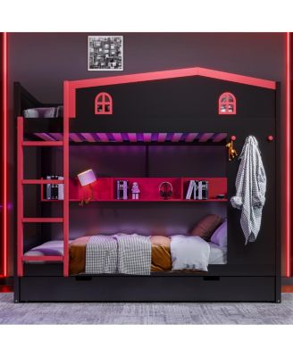  Queen Bunk Bed w/Trundle & Storage Shelves, Solid Wood, Black&Red