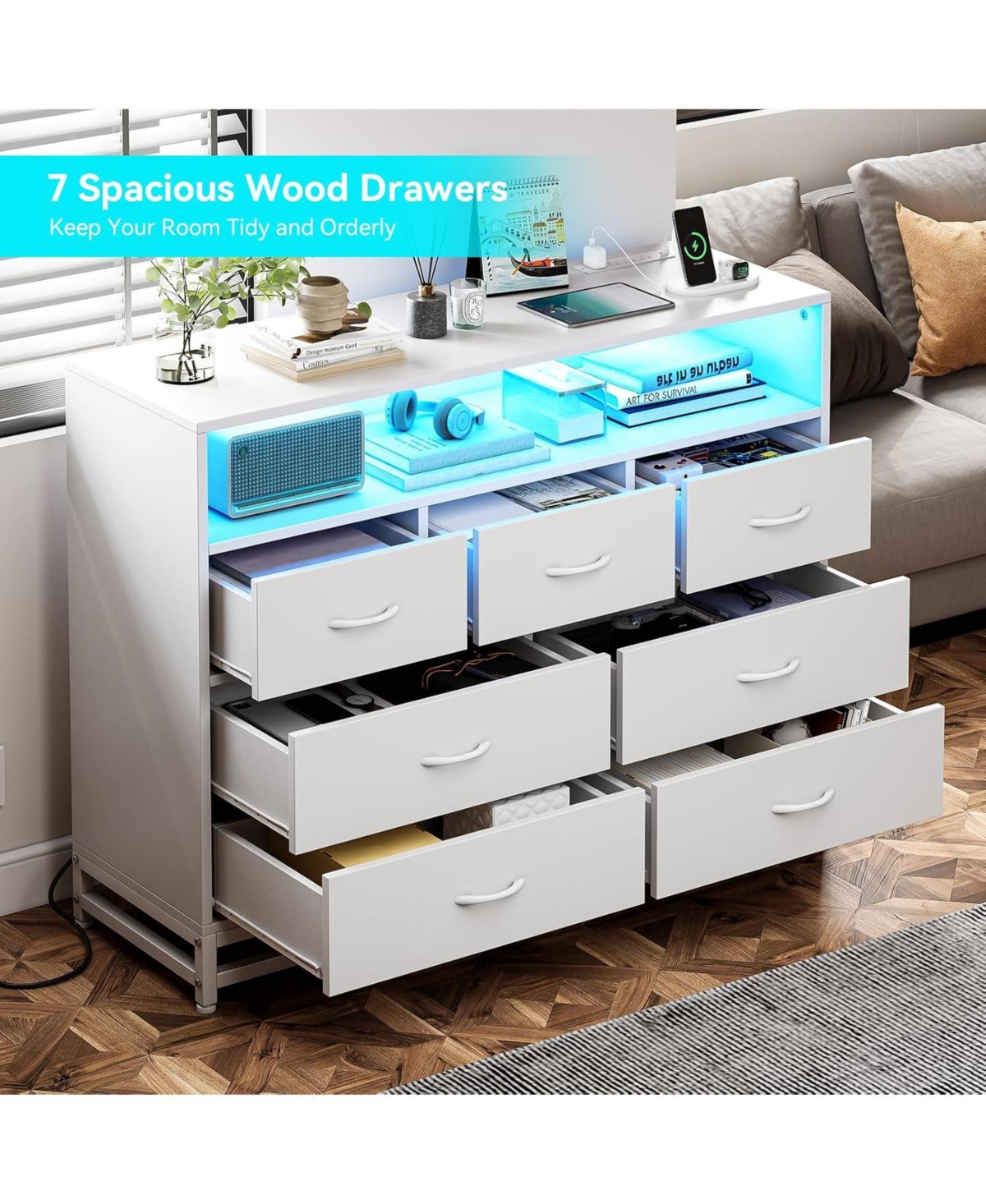 Gaomon Dresser with 7 Drawers for Bedroom, Wooden Long Led Lights and Charging Station, Large Capacity