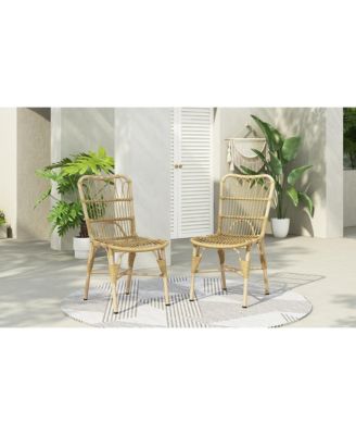 Set of 2 Natural Outdoor PE Wicker Patio Dining Chairs Hand Woven Iron Frame for Backyard Poolside Garden