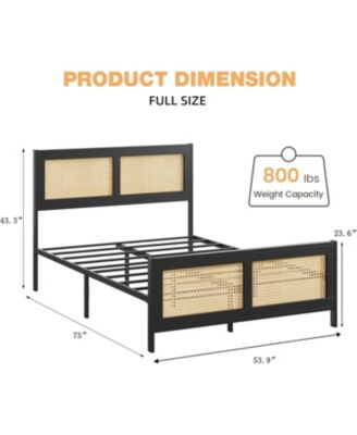 Rattan Bed Frame with Headboard, Boho Full Size Bed Frame with Strong Metal Slats Support, No Box Spring Needed, Noise-Free Design