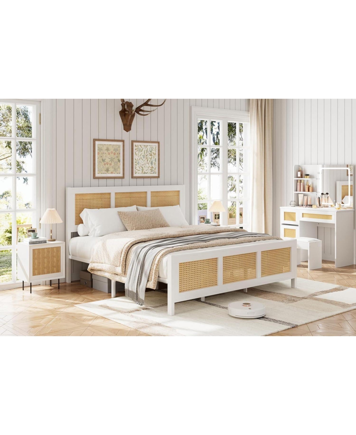 gaomon Rattan Bed Frame with Headboard, Boho Full Strong Metal Slats Support, No Box Spring Needed