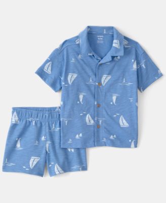 Boys' Toddler 2T-5T Sailboat Button-Up Top and Shorts, 2-Piece Set