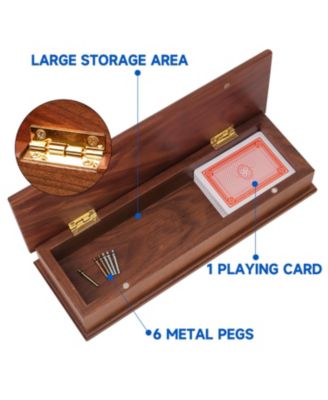 2-Track Wooden Cribbage Board Game Box with Playing Cards, Metal Pegs and Storage Drawer