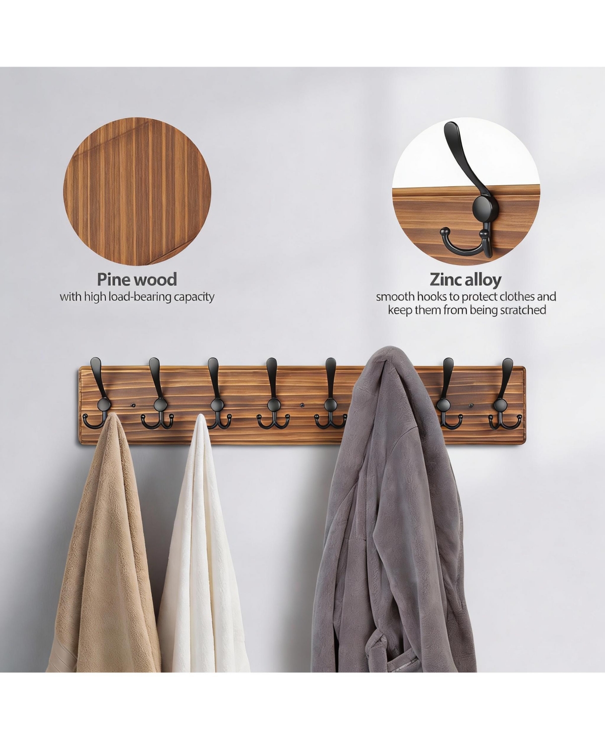 Yigii Wooden Wall Coat Rack with 8 Hooks for Coats, Jackets, Hats