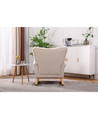 Modern High Back Nursery Rocking Chair Comfortable Fabric Padded Seat Armchair with Warm Wood Color Curved Legs for Baby Room Reading Corner