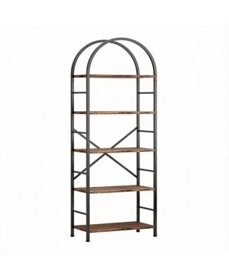 Arched Metal Bookshelf for Home Office and Living Room - 5 Shelves, Rustic Brown