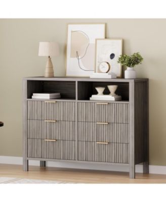 Modern 6-Drawer Double Dresser - 47'' Wide Fluted Wooden Chest of Drawers with 2 Open Shelves, Mid Century Storage Dresser Organizer